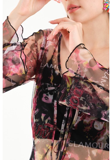 Önü Bağcıklı Tül Bluz Pembe