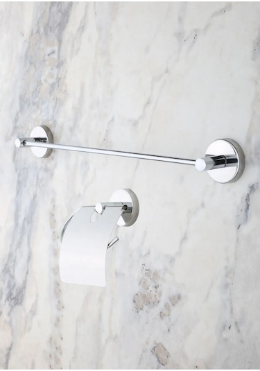 MultiStore Krom Uzun Havluluk / Geniş Kapaklı Tuvalet Kağıtlığı 2li Banyo Seti Krom