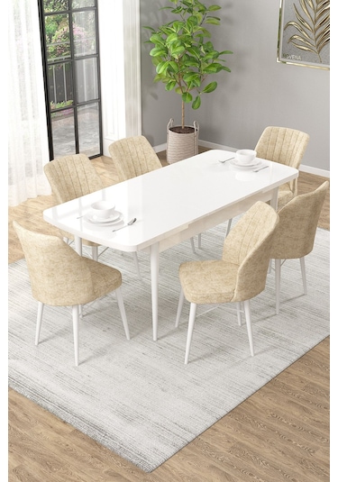 Arel Beyaz 80x132 Açılabilir Mdf Masa Yemek Odası Takımı, Mutfak Takımı 6 Adet Sandalye Beyaz Masa - 6 Krem - Beyaz Ayak