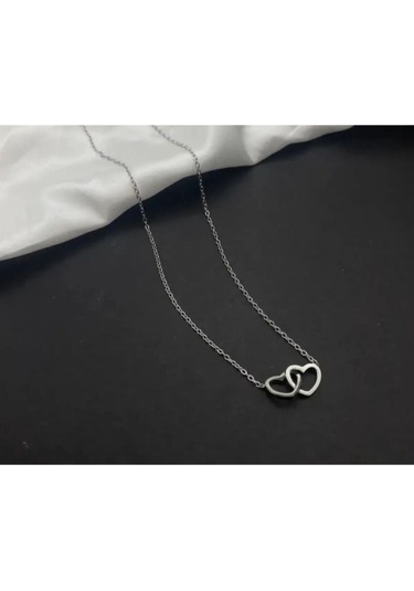 Stainless Steel Çelik Kararmaz İkili Kalp Gümüş Kolye Gümüş