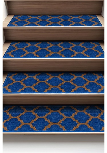 Dikdörtgen Dokuma Merdiven Halısı Kendinden Yapışkanlı Mavi Kahve