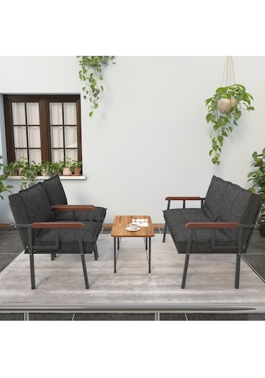 Mygusi Modern Balkon, Bahçe, Cafe - Metal Kanepe Koltuk Takımı - 2 1 1 Sehpa Hediye Antrasit