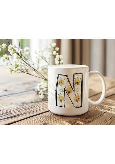 N Harfi Arı Desenli Kupa - Sevimli Hayvan Temalı Kişiye Özel Kahve Kupası - Şans Kupası Beyaz