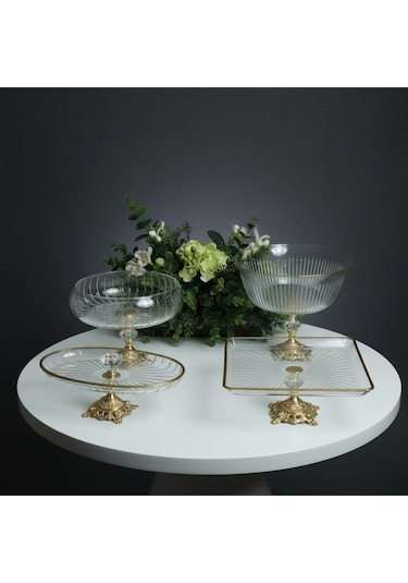 Elta Collection Gold Detaylı Metal Ayak 4 Parça Sunum Ve Servis Seti Gold
