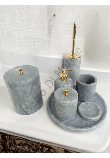 Gri Mermer Klasik Model 7 Parça Gold Renk Düğme Aksesuarlı Banyo Seti Gri