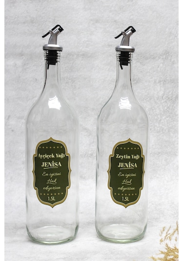 2 Adet Akıtmaz Şeffaf Cam 1500ml Etiketli Yağlık Yağdanlık