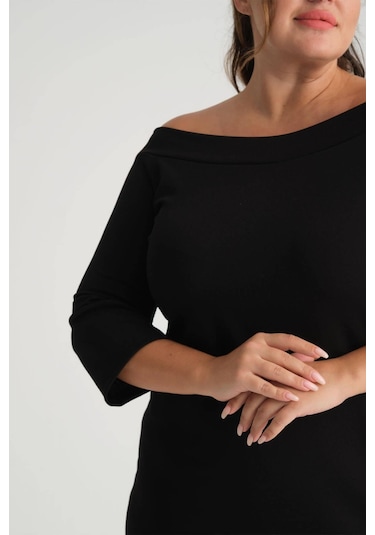 Kadın Siyah Carmen Yaka Truvakar Kol Büyük Beden Esnek Krep Elbise-siyah Siyah