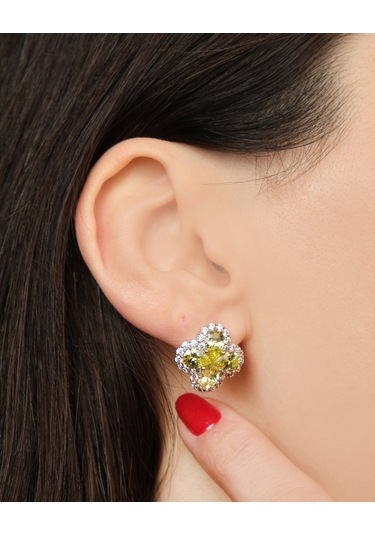 Lekka Design Kadın Kararmaz Çelik Lüks Takı Yeşil Zirkon Taşlı Yonca Küpe Altın