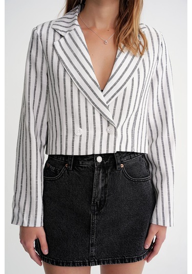 4641 Kadın Keten Çizgili Crop Ceket Siyah Siyah