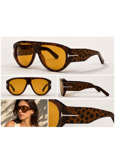 Retro Turuncu Lens Leopar Desen Gözlük Leopar - Siyah