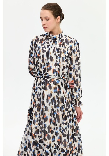 Leke Desenli Empirime Elbise Ekru Ekru