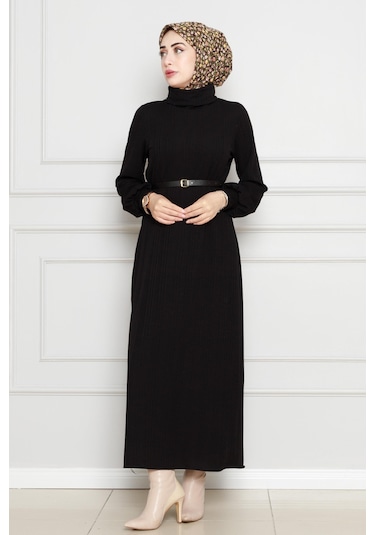 Balıkçı Yaka Kemerli Elbise-siyah-4552 Siyah