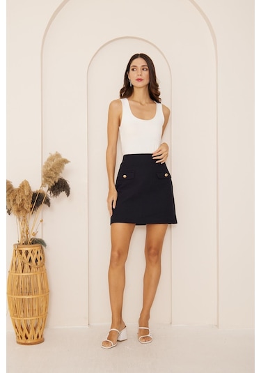 Darlin Moda Lacivert Düğme Detaylı Tweed Mini Etek Dm2033 Lacivert