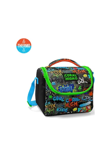 Coral High Kids Siyah Mavi Grafiti Desenli Thermo Beslenme Çantası 11828