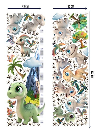 Sevimli Dinazorlar Temalı Boy Ölçerli Duvar Sticker Seti - Mat, Sökülebilir, Çocuk Odası Dekoru 01