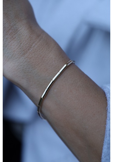 14 Ayar Altın Silindirik Düz Plakalı Bileklik Sarı Altın