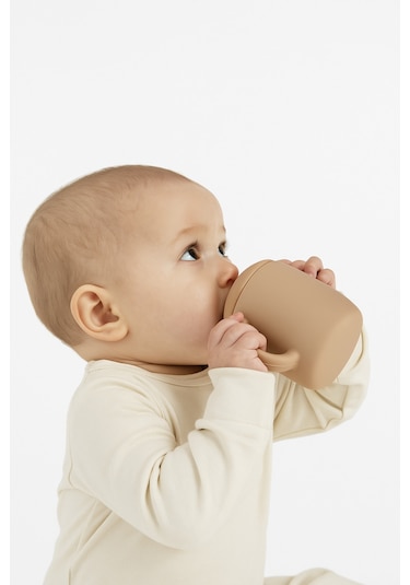 3'lü Silikon Bebek Beslenme Seti / Bölmeli Mama Tabağı / Mama Kasesi / Bebek Bardağı- Moka Mocca