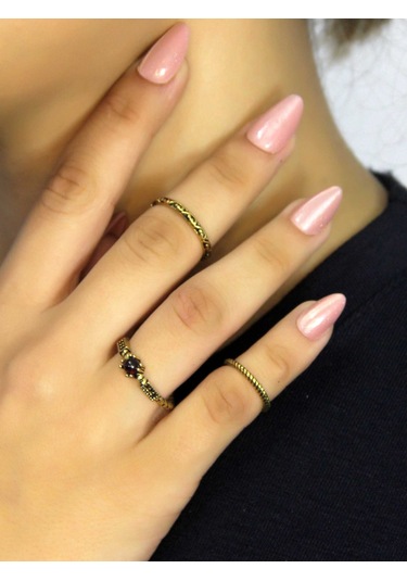 Doğal Taşlı 3'lü Garnet Lal Doğal Taşlı Antik Modelli Kadın Ayarlanabilir Yüzük Seti Euy84 Kırmızı