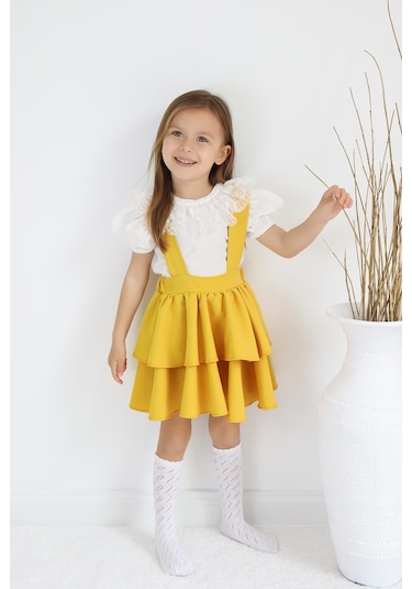Kız Çocuk Helen Sarı Askılı Kat Kat Bağlama Jile Elbise Dantel Detay Ekru Kısa Kollu Bluz İkili Takım
