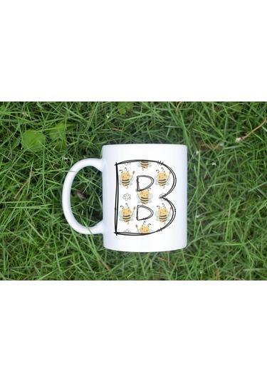 B Harfi Arı Desenli Kupa - Sevimli Hayvan Temalı Kişiye Özel Kahve Kupası - Şans Kupası Beyaz