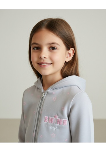 Shine Baskılı Yıldız Desenli Fermuarlı Kapüşonlu Kız Çocuk Hırka Gri