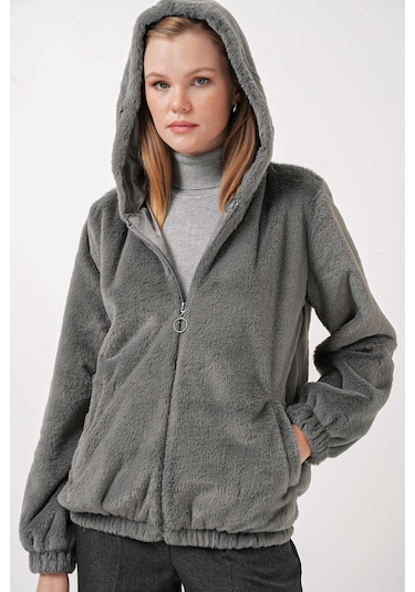 Gabria Kapüşonlu Pelüş Mont Koyu Gri