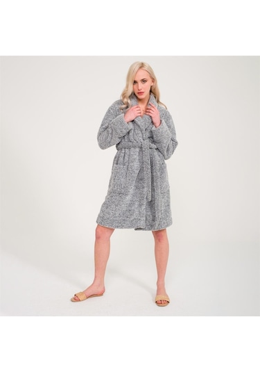 Kadın Welsoft Şal Yaka Polar Sabahlık Gri