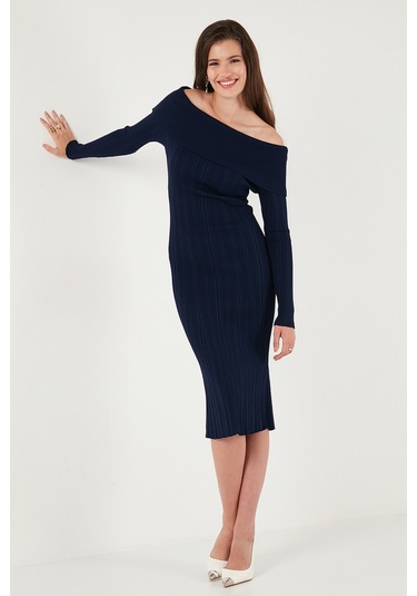 Lela Premium Fitilli Carmen Yaka Slim Fit Midi Boy Triko Bayan Elbise 680El00033 Lacivert