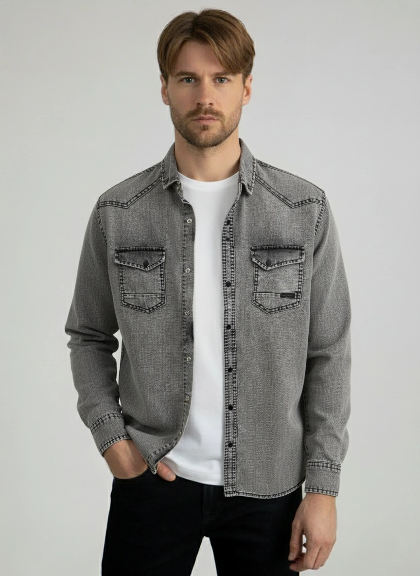 Erkek Gömlek Slim Fit Yıklamalı Kot Gömlek Gri