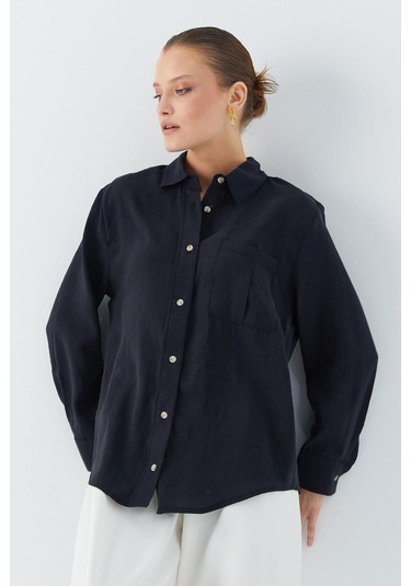 4628 Kadın Cep Detaylı Modal Gömlek Siyah Siyah