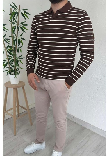 Explode - Erkek Kahve Çizgili Polo Yaka Oversize Triko Kazak Kahverengi