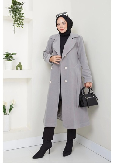 Kadın Polar Kaşe Uzun Kaban / M0107 - Gri Gri