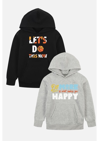 2'li Let's Do-do More Baskılı Erkek Çocuk Kanguru Cepli Kapüşonlu Siyah-gri Sweatshirt Siyah - Gri5