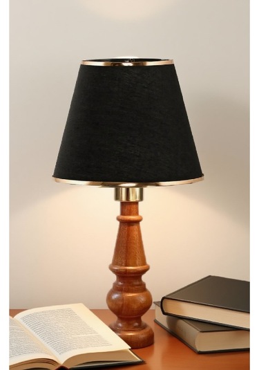 Ahşap Gövdeli Kumaş Başlıklı Dekoratif Abajur Masa Lambası Aydınlatma Lamba Siyah