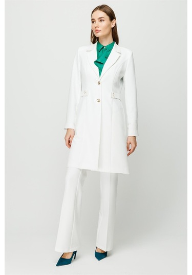 Aksesuar Detaylı Uzun Ceket Pantolon Takım Ekru-ekru Ekru