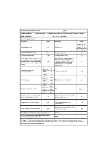 Altus AL 9103 DB 1000 Devir 9 KG Çamaşır Makinesi
