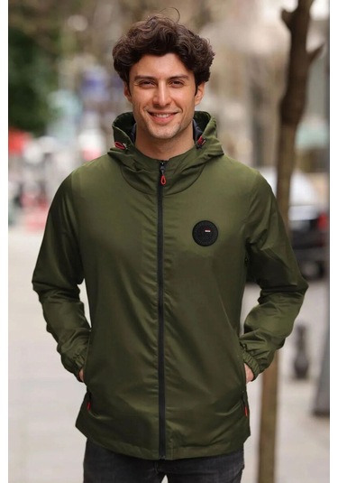 İçi Astarlı Su Ve Rüzgar Geçirmez Erkek Cepli Yağmurluk Haki