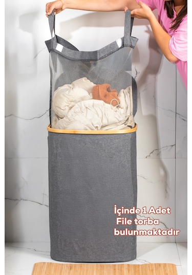 Porsima Mio-101 Bambu Banyo Kirli Çamaşır Sepeti Banyo Düzenleyici Sepet 44x66 Cm Renkli