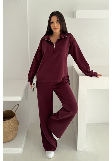 Balenbi Premium Modal Kumaş Fermuarlı Yaka Kadın Takım 1153 Bordo
