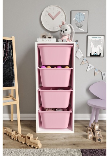 %100 Mdf - Large Mono 4 Büyük Sepetli Oyuncak Dolabı Pembe