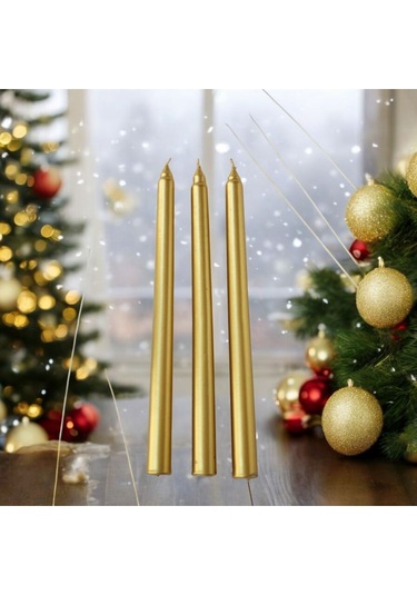 Denic 3 lü Metalik Gold Şamdan Mum Konik Mum