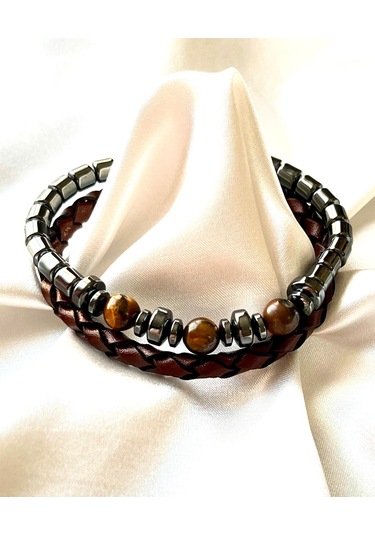 %100 Deri&hematit Kombin Kahve Erkek Bileklik Net 21cm Türk Malı Kahverengi - Siyah