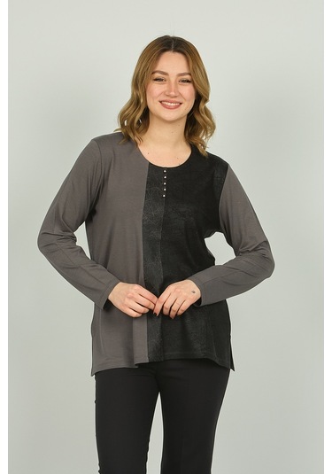 Detay Triko Kadın Suni Deri Detaylı Ve Desenli Uzun Kol Bluz 4553 Gri