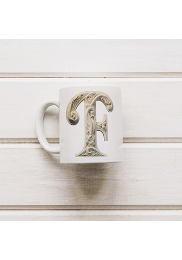 F Harfi Bardak, Monogram 330 Ml Barok Oymalı Görünüm Beyaz