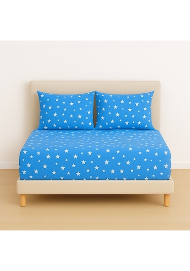 Desenli 180 X 200 Cm Battal Boy Mavi Yıldız Lastikli Çarşaf Ve 2 Adet Yastık Kılıfı Mavi