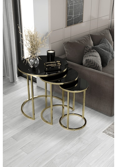 3'lü Zigon Sehpa Gold Ayak Siyah Ayna