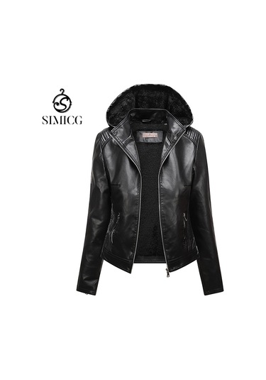 Kapüşonlu Peluş Deri Ceketli Kadın İlkbahar Ve Sonbahar Ceketi Siyah
