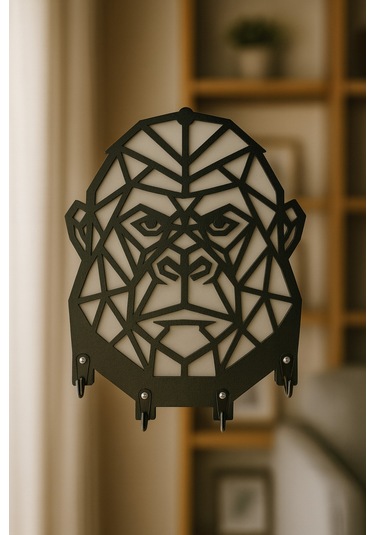 Goril Figürlü Geometrik Duvar Tipi Dekoratif Anahtarlık Askılığı Siyah - Beyaz