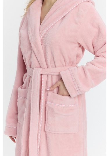 Mulberry Triga Kapüşonlu Kadın Bornozu %100 Pamuk Pembe