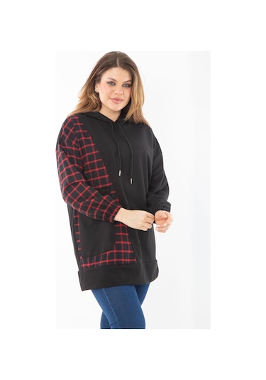 Kadın Büyük Beden Siyah Ekose Garnili Kapşonlu Sweatshirt 65n37289-siyah Siyah